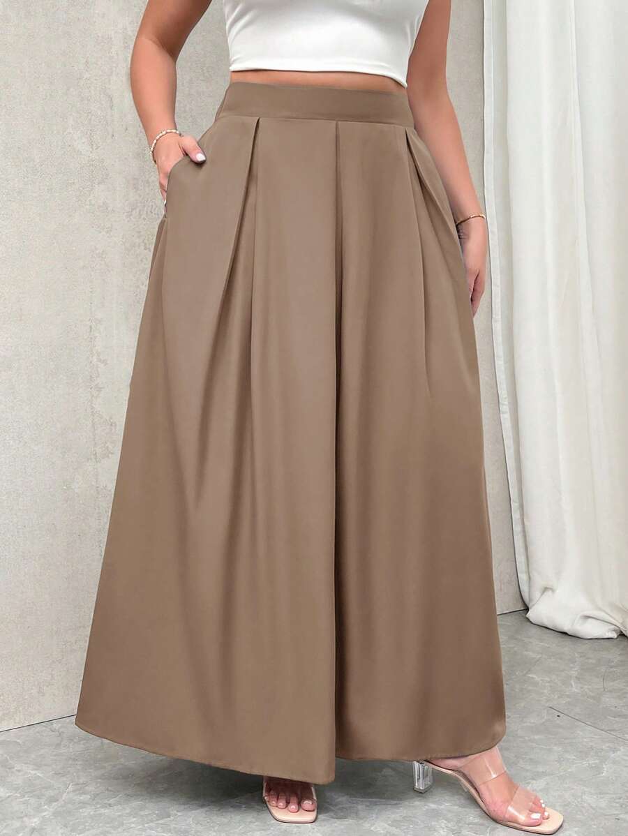 Firerie Plus Size Women Grey High Waist Long A-Line Pleated Skirt With Pockets, Elastic Waist, Suitable For Fall And Back-To-School - Khaki - View 1