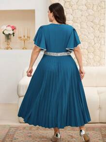Modelyn Plus Size V-Neck Rhinestone Embellished Pleated Waist Elegant Dress - Blue - View 2