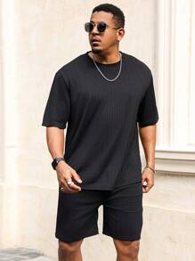 Manfinity Homme Plus Size Men Short Sleeve T-Shirt And Shorts Set, Solid Color Casual Matching Outfit, Cozy Outfits - Black - View 4