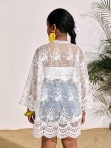 SHEIN Cubrecuerpo con estilo kimono de encaje bordado, prenda de vestir casual para resort, para niñas preadolescentes - Blanco - Ver 2