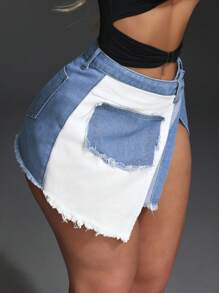 Slaydiva Women's Colorblock Slit Mini Denim Skirt