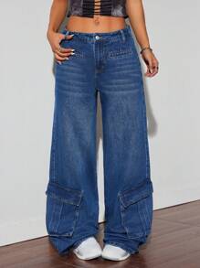 TrendSteals بناطيل جينز مرنة واسعة غير ضيقة للنساء مع جيوب - الأزرق - مشاهدة 1
