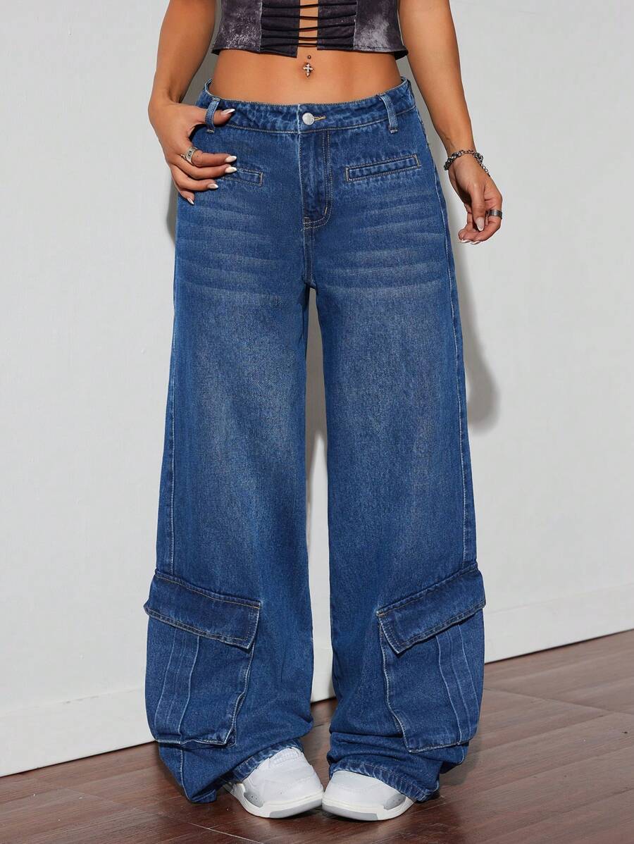 TrendSteals بناطيل جينز مرنة واسعة غير ضيقة للنساء مع جيوب - الأزرق - مشاهدة 1