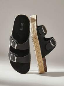 Solecia Sandalias de suela gruesa con material de PU negro y cuerda en la parte inferior, adecuadas para ir al trabajo, citas, fiestas y vacaciones