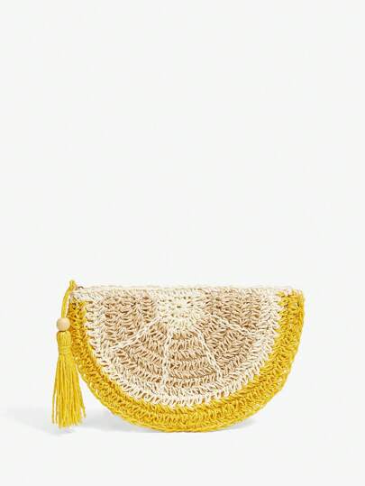 SHEIN SXY 女士手拿包，草编包，时尚，优雅，简约，个性，多功能，柠檬形状，水果形状，适合海滩，度假，节日，夏季，海边，与舞会配饰完美搭配