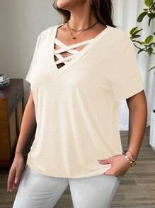 EMERY ROSE Plus Size Women Crisscross Neck Short Sleeve T-Shirt, Summer - Beige - View 4