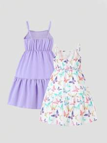 SHEIN Genkimix Kids Bộ 2 váy in hình bướm nhiều màu cho bé gái tuổi mới lớn và váy tím trơn - Nhiều màu - Xem 2
