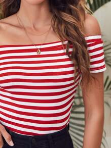 SHEIN VCAY 露肩条纹上衣 - 紅白色 - 查看 4