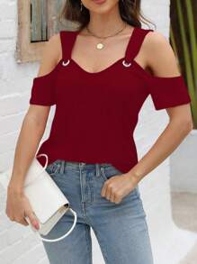 INAWLY 女士酒红色露肩 V 领短袖休闲 T 恤 - 酒紅色 - 查看 3