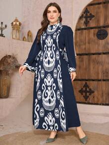 Al Najma Women's Stand Collar Floral Patchwork Cinched Waist Cinched Waist Slimming Casual Plus Size Dress - Navy Blue - View 5