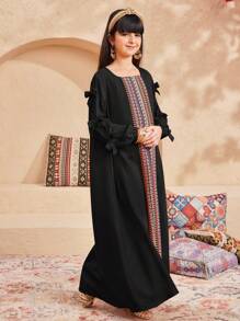 SHEIN Leap Crew Tween Girls' Loose Casual Square Neck Mixed Pattern Long Sleeve Dress - Black - View 8