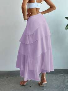 Firerie Chân váy xếp tầng bồng bềnh nhiều lớp viền bèo nhún màu trơn - Màu tím Violet - Xem 3