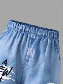 SHEIN 3pcs Tween Girls Mesh T-Shirt & Bear Graphic Tank Top & Denim Print Pants Set