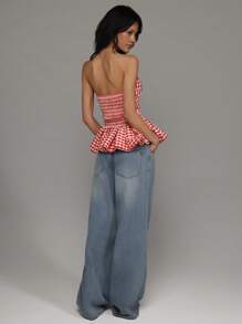 TRNVIE Top corto tipo bandeau con volante en el bajo y estampado rojo a cuadros de verano informal - Rojo y blanco - Ver 2