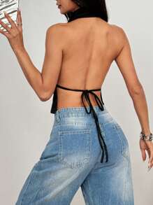 SHEIN Unity Casual Sexy Draping Collar, Draped Neck, Open Back Tie Up Blouse - Black - View 3