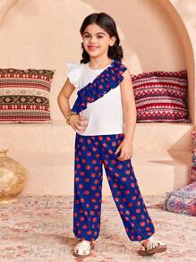 SHEIN Young Girl Casual Matching Mother-Daughter Knitted Plain Ruffle Hem Fitted Casual T-Shirt And Wide-Legged Pants With Woven Floral Loose Fit And Elastic Cuffs Two Pieces Set, Suitable For Spring And Summer, Perfect For Vacations - Blue - View 6