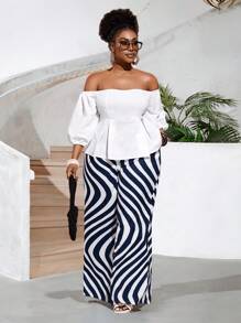 Slaydiva 2025 Noua tinuta Rave/Paste Plus Size Femei/Stil Bani Vechi Plus Size Femei/Tinuta Concert Country/Tinute Going Out/Fairycore/Tinute Festival/Vacanta Tropicala Imbracaminte Plus Size Femei Tinute Vara Pentru Femei Plus Size/Vara/Rave/Vara Europeana/Tinute Primavara/Tinuta Western Wear Plus Size/Graduare Casual Set de 2 bucăți cu mâneci bufante, alb, romantic, elegant și pantaloni cu dungi geometrice abstracte