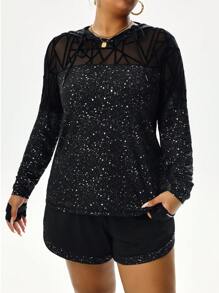 Easithlete Plus Size Fashion Sweatshirt With Metallic Silver, Flocked Patchwork & Mesh Panel, Long Sleeve, Drawstring Sweatshirt - Black - View 3