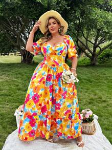 Flirla Váy xòe in hoa tay bồng cỡ lớn - Nhiều màu - Xem 3