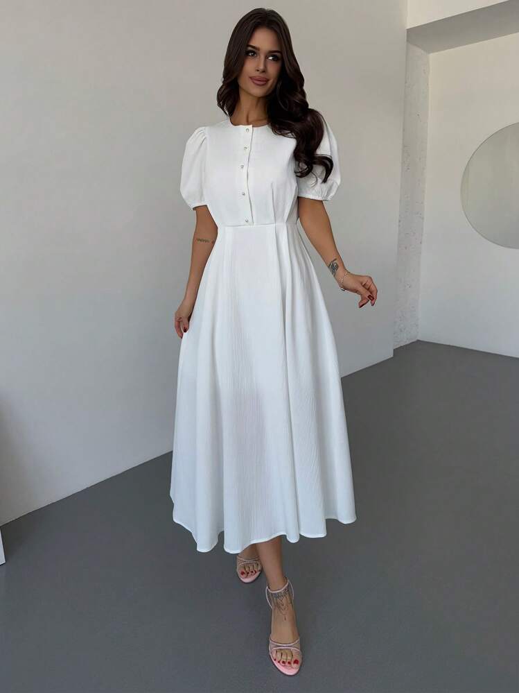 elegant white midi dress with sleeves Lace Puff Sleeve Fitted Embrace the beauty of the moment with this exquisite piece Beach Casual White Midi Dress