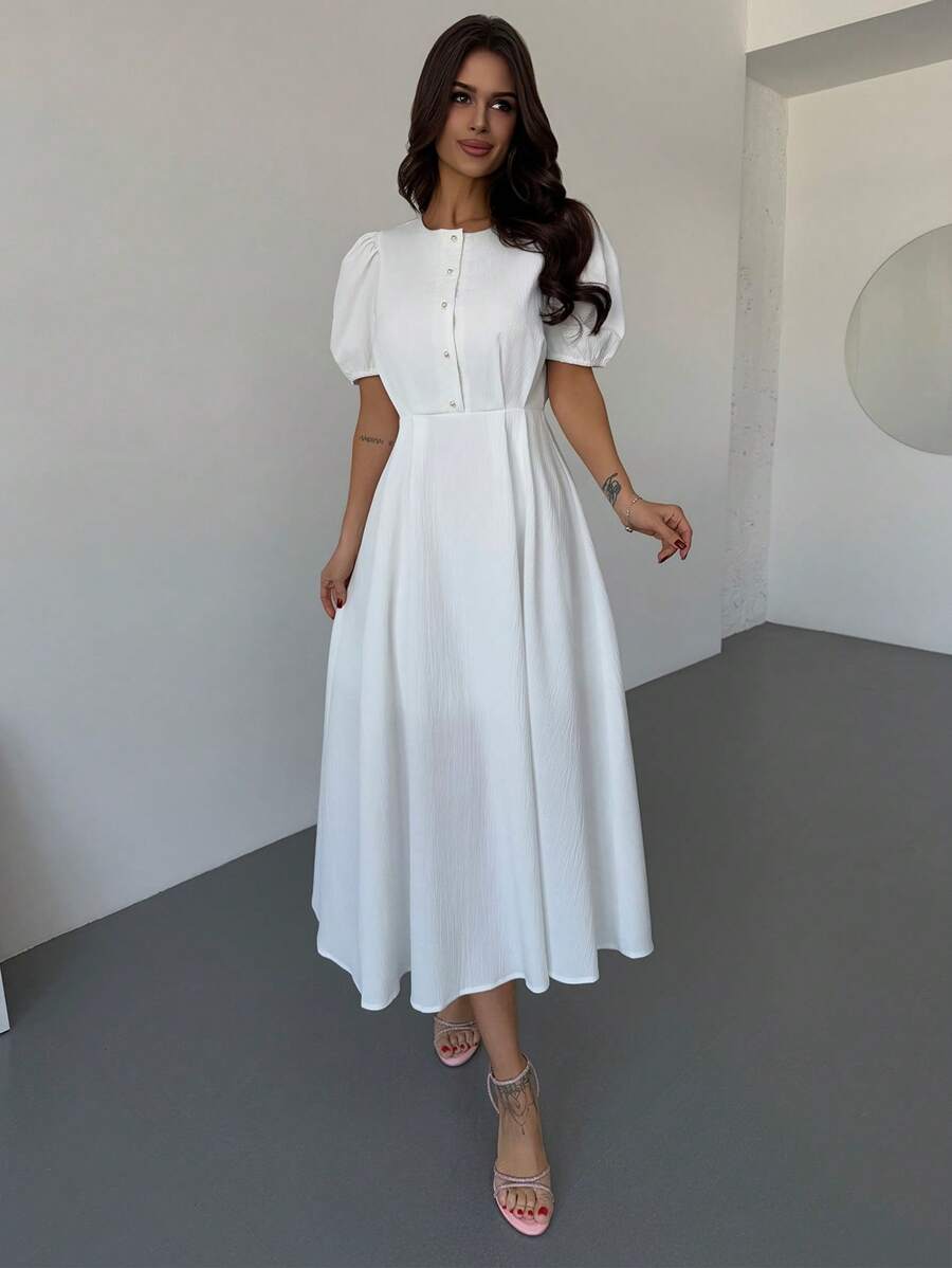 Firerie Đầm nữ thanh lịch, tối giản, màu trắng, tay ngắn, cổ tròn, dáng chữ A, tay phồng, cài cúc phía trước, dài đến đầu gối, thích hợp cho kỳ nghỉ, đi biển và trang phục mùa hè.