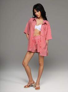 TRNVIE Camisa y pantalones cortos de vacaciones informales con estampado de cuadros rojos vintage