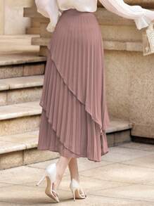 DAZY Office Wear Solid Color Pleated Ruffle Hem Women Skirt - Dusty Pink - View 2