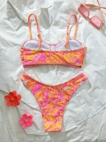 SHEIN Swim Springbreak 女士夏季随机印花细肩带荷叶边蝴蝶结可爱 2 件比基尼套装 - 彩色 - 查看 2