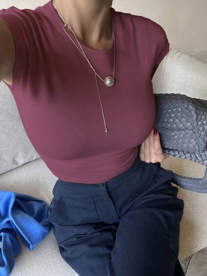 DAZY Women's Solid Crew Neck Cap Sleeve Cropped Fitted Undershirt Summer