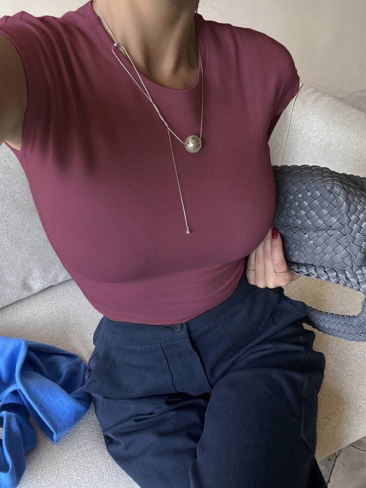 Women's Solid Crew Neck Cap Sleeve Cropped Fitted Undershirt Summer