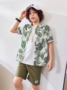 2pcs/Set Tween Boys Vacation Green Leaf Print Short Sleeve Shirt & Military Green Pants - Multicolor - View 4