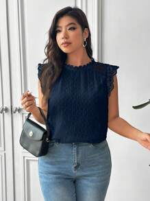 SHEIN Frenchy Plus Size Casual/Work Lace Trim Sleeveless Blouse - Navy Blue - View 7
