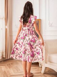 SHEIN Vestido midi entallado con lindo diseño de encaje y detalle de cuello con volantes para niña preadolescente - Rosa - Ver 2