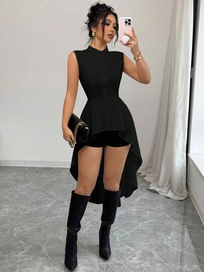 Elenzga Camisa elegante para el trabajo con cuello alto, sin mangas, cintura con recogido, bajo asimétrico con cola de golondrina, apta para primavera/verano