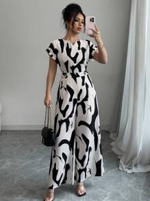 Chiquease 女士不对称黑白印花 V 领连体裤、阔腿休闲办公连体裤