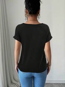 Elenzga Embroidered Floral Mesh Patchwork Casual Short Sleeve T-Shirt, Suitable For Daily Wear - Black - View 2