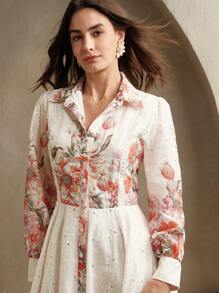 Anewsta Vestido camisa de manga globo con bordado y estampado floral, elegante para primavera, vacaciones, festivales, Pascua