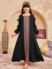 SHEIN Leap Crew Tween Girls' Loose Casual Square Neck Mixed Pattern Long Sleeve Dress - Black - View 7