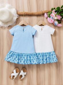 2 Pezzi Vestito Estivo Casual Bambina Con Fiori, Patchwork A Maniche Corte In Cotone - Multicolore - Visualizzare 2