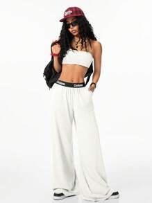 Coolane Oversize Street Stylish Versatile Women's Vintage Color Block Y2K Midriff-Baring Long Pants 2 Pieces Set - White - View 3