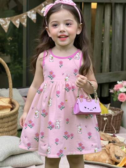 可爱兔子和花卉印花休闲无袖中长连衣裙，适合年轻女孩，适合夏季