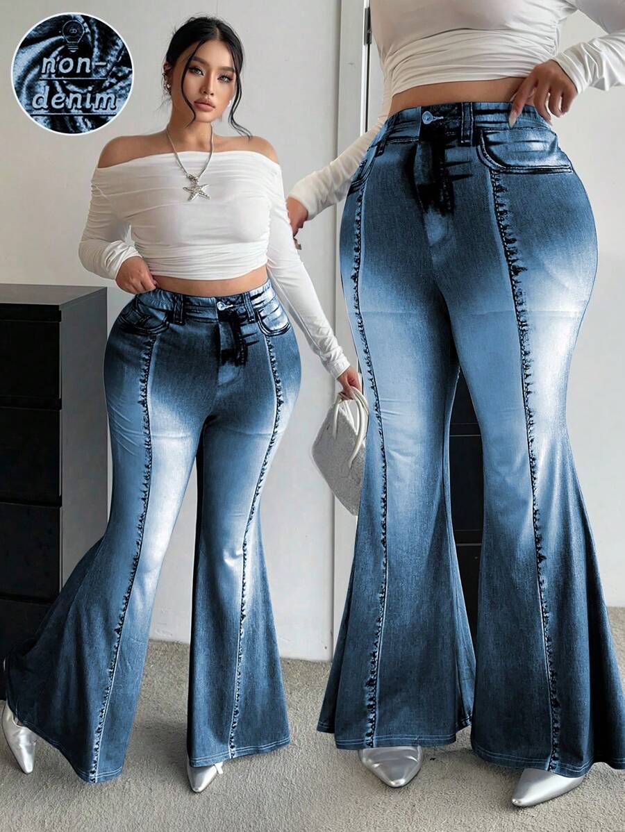 Flirla Plus Size Elastic Waist Knitted Denim Effect Print Pants Fall Cloth For Women - Navy Blue - View 1