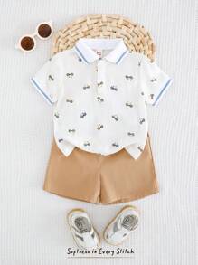 Cozy Pixies 2pcs Baby Boy Set: Cartoon Animal Print Lapel Short Sleeve Top And Elastic Waist Shorts