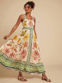 Travachic Vestido con tirantes espalda descubierta con estampado floral, adecuado para vacaciones, atuendos de verano para mujer, ropa de mujer para vacaciones tropicales, vestidos de verano para mujer
