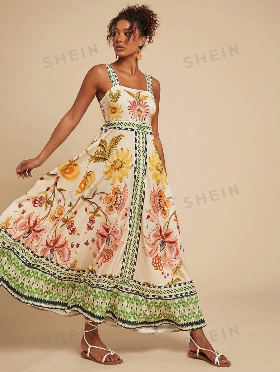 Travachic Vestido con tirantes espalda descubierta con estampado floral, adecuado para vacaciones, atuendos de verano para mujer, ropa de mujer para vacaciones tropicales, vestidos de verano para mujer