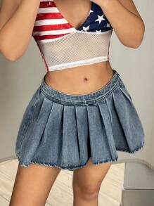 SHEIN ICON Váy mini denim ngắn thường ngày xếp ly cạp thấp cho nữ - Rửa trung bình - Xem 1