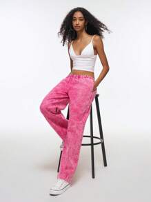 Easelle 2025新款女式松紧腰口袋宽松阔腿热粉色休闲百搭牛仔裤，适合夏季音乐节 - 玫紅色 - 查看 7