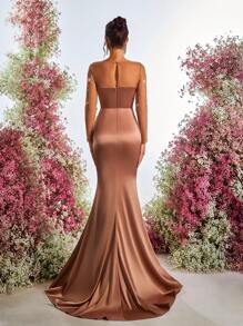 Glamrae 优雅、华丽、浪漫的香槟色奢华烫钻透视长袖修身鱼尾下摆连衣裙适合晚餐单身派对约会度假返校季生日派对婚礼活动晚礼服（重磅款）、婚礼宾客礼服、礼服、长袍 - 香檳色 - 查看 4