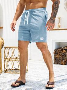 Manfinity Homme Pantalones cortos con cordón en la cintura, ajuste holgado, con detalles de letras aplicadas, para vacaciones en la playa, ropa para hombres