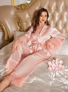 厚重蕾丝与真丝面料多层长袖睡衣套装